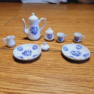 Reutter Porzellan Miniature Tea Set Dollhouse Porcelain Blue White